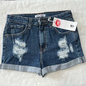 Wildfox Blue Distressed Roll-Cuff Denim Shorts
